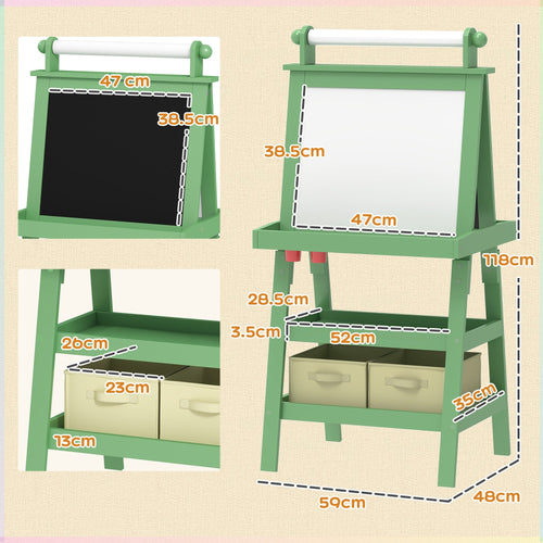 3 In 1 Kids Easel Double-Sided Magnetic Whiteboard And Chalkboard With Paper Roll, Storage Baskets - Green - Tiny Explorers Club