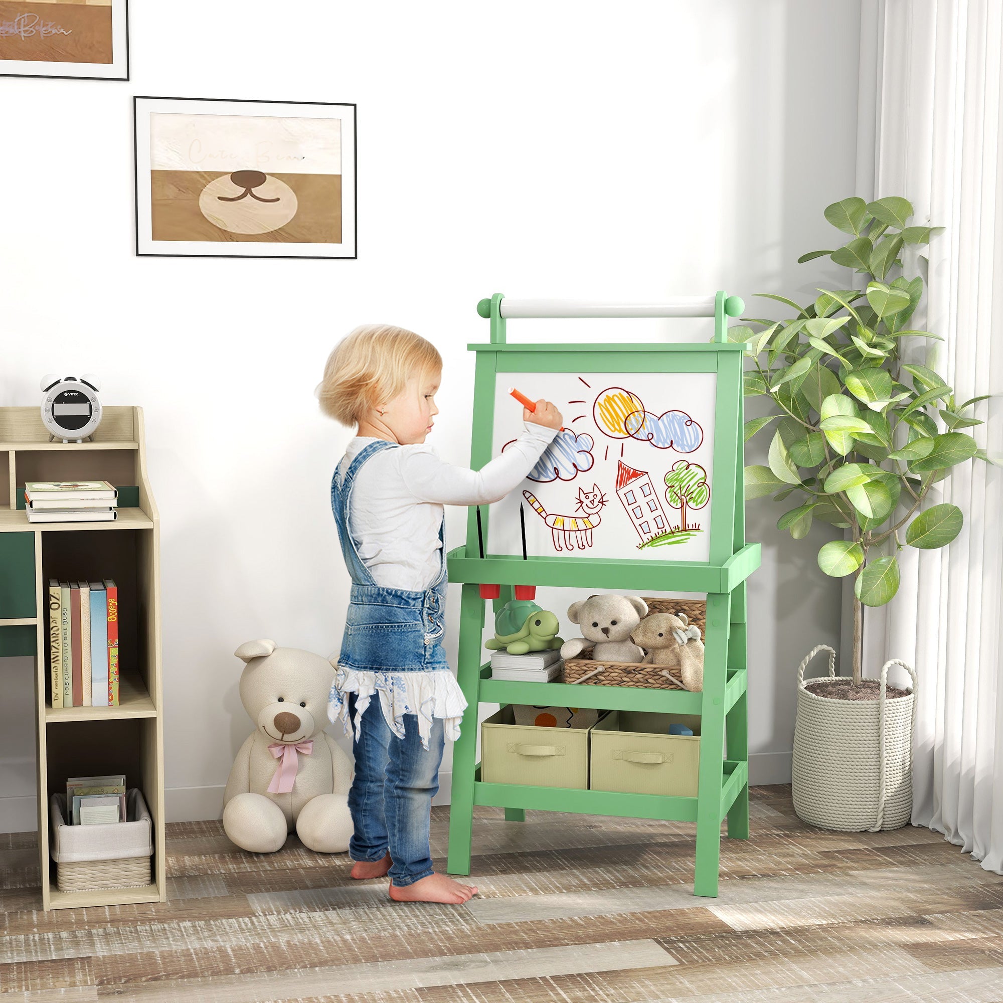 3 In 1 Kids Easel Double-Sided Magnetic Whiteboard And Chalkboard With Paper Roll, Storage Baskets - Green - Tiny Explorers Club