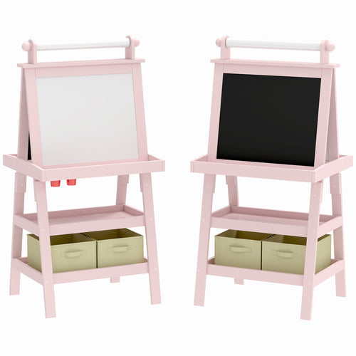 3 In 1 Kids Easel Double-Sided Magnetic Whiteboard And Chalkboard With Paper Roll, Storage Baskets - Pink - Tiny Explorers Club