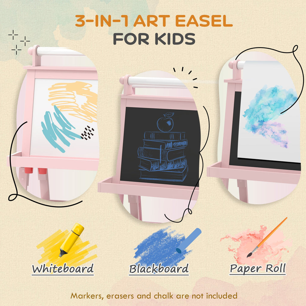 3 In 1 Kids Easel Double-Sided Magnetic Whiteboard And Chalkboard With Paper Roll, Storage Baskets - Pink - Tiny Explorers Club