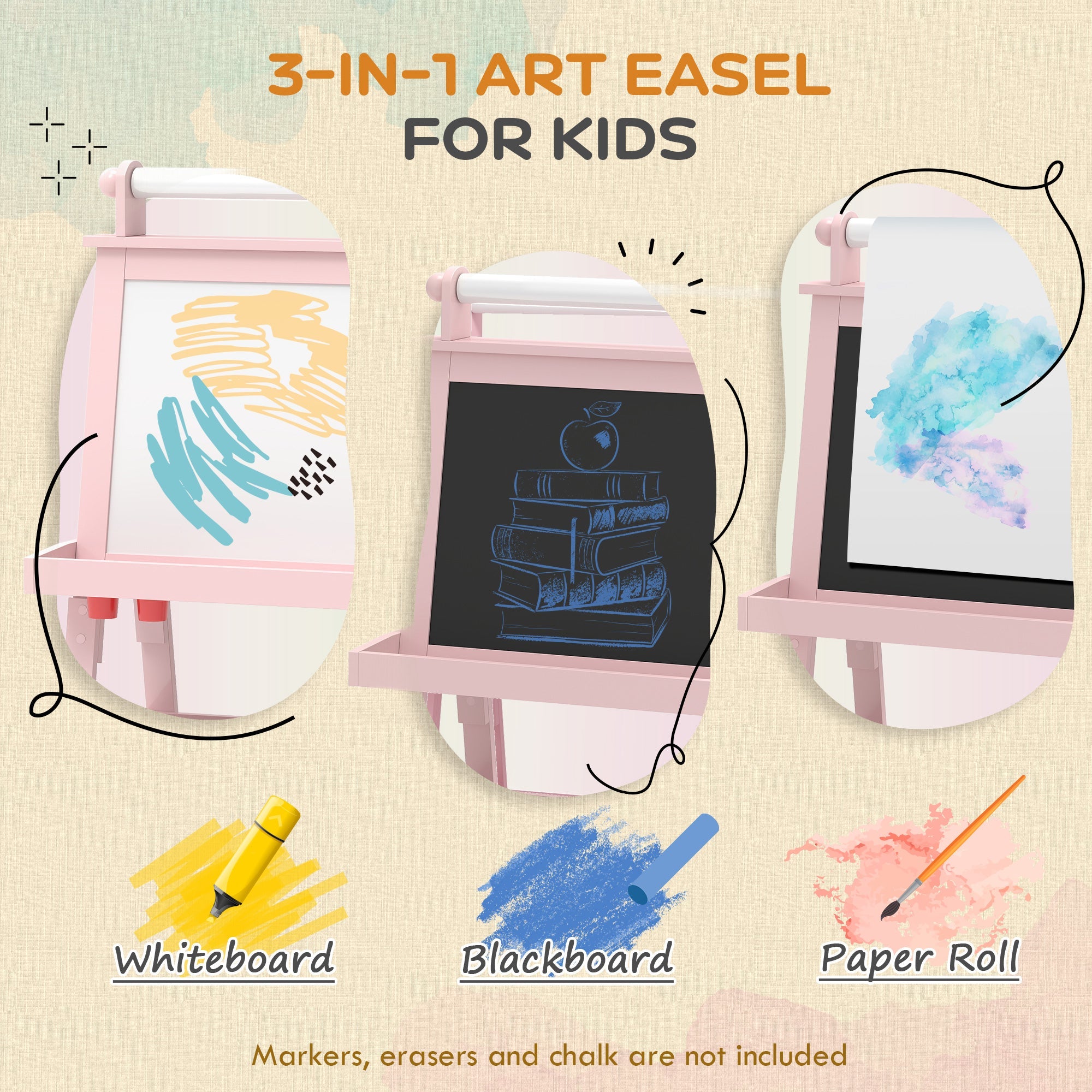 3 In 1 Kids Easel Double-Sided Magnetic Whiteboard And Chalkboard With Paper Roll, Storage Baskets - Pink - Tiny Explorers Club