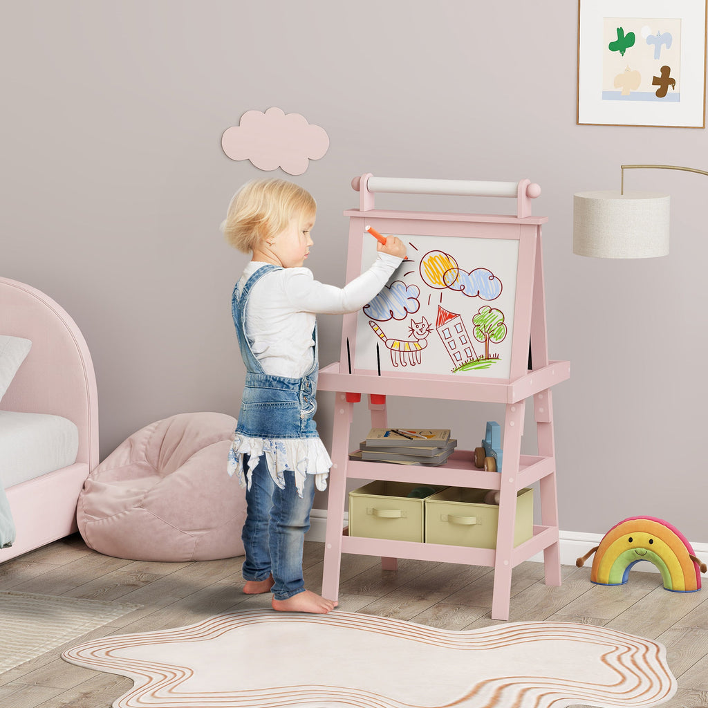 3 In 1 Kids Easel Double-Sided Magnetic Whiteboard And Chalkboard With Paper Roll, Storage Baskets - Pink - Tiny Explorers Club