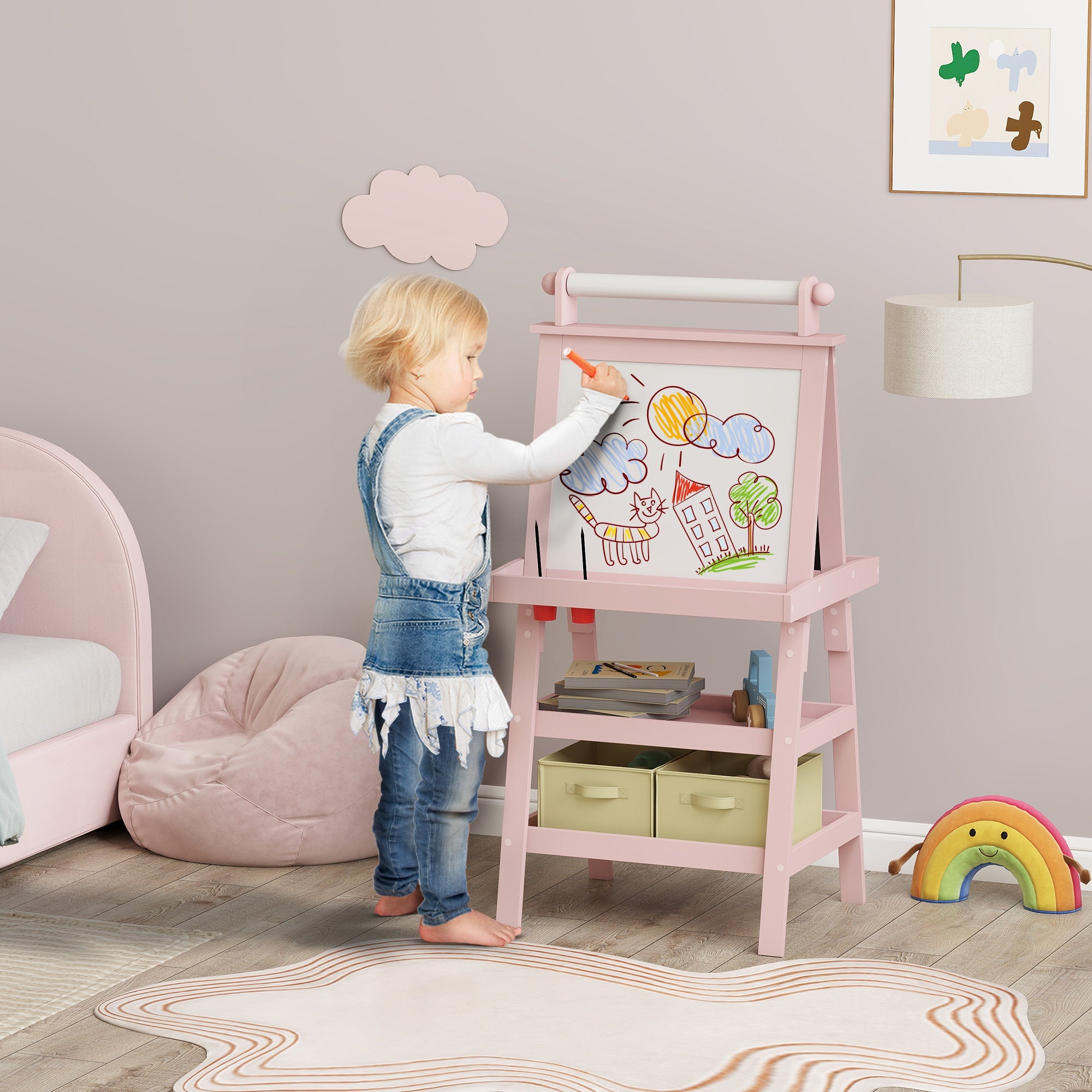 3 In 1 Kids Easel Double-Sided Magnetic Whiteboard And Chalkboard With Paper Roll, Storage Baskets - Pink - Tiny Explorers Club