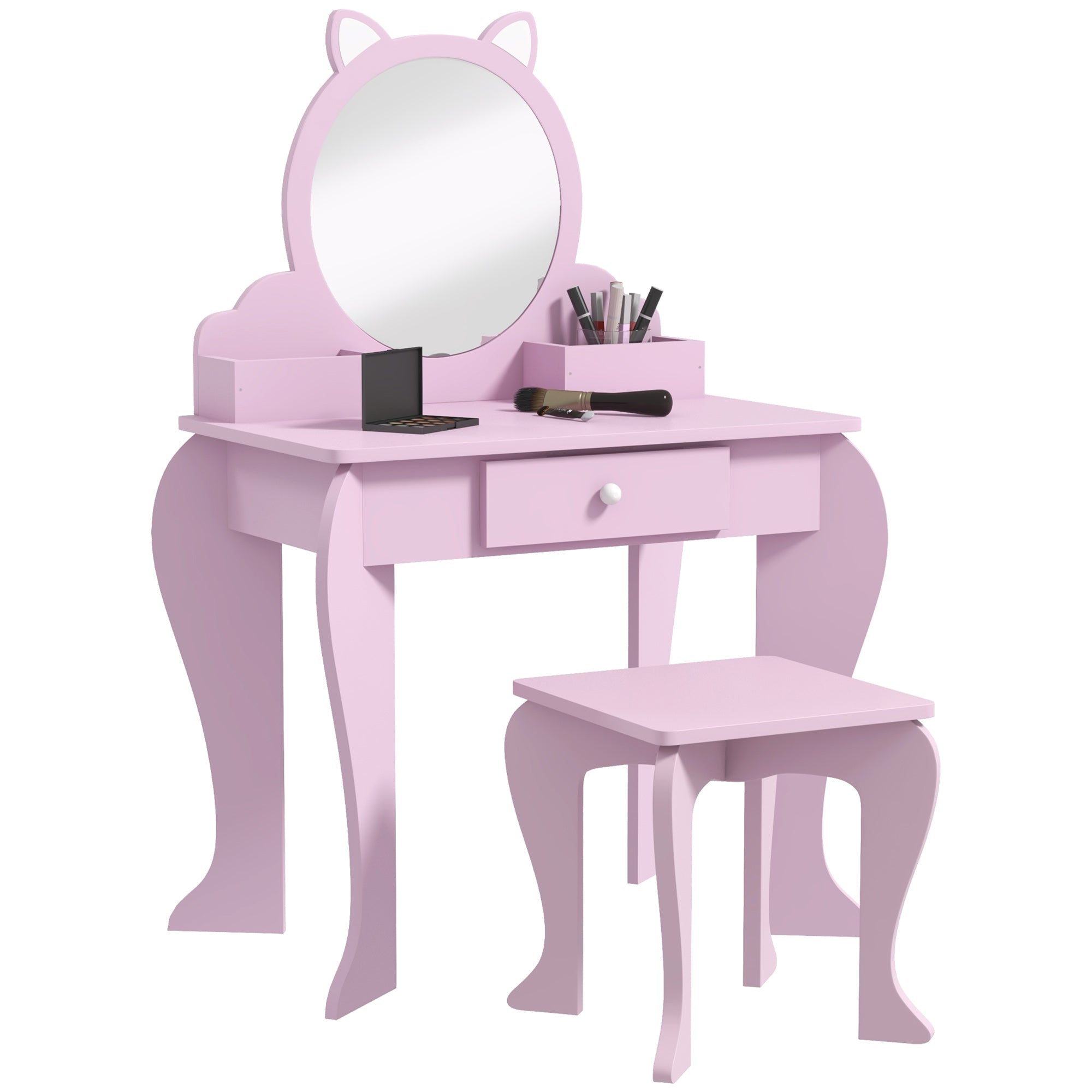 Kids Vanity Table With Mirror, Stool, Drawer, Storage Boxes, Cat Design- Pink - Tiny Explorers Club
