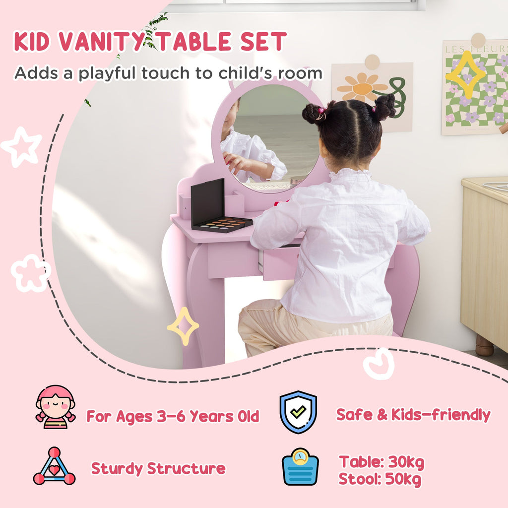 Kids Vanity Table With Mirror, Stool, Drawer, Storage Boxes, Cat Design- Pink - Tiny Explorers Club