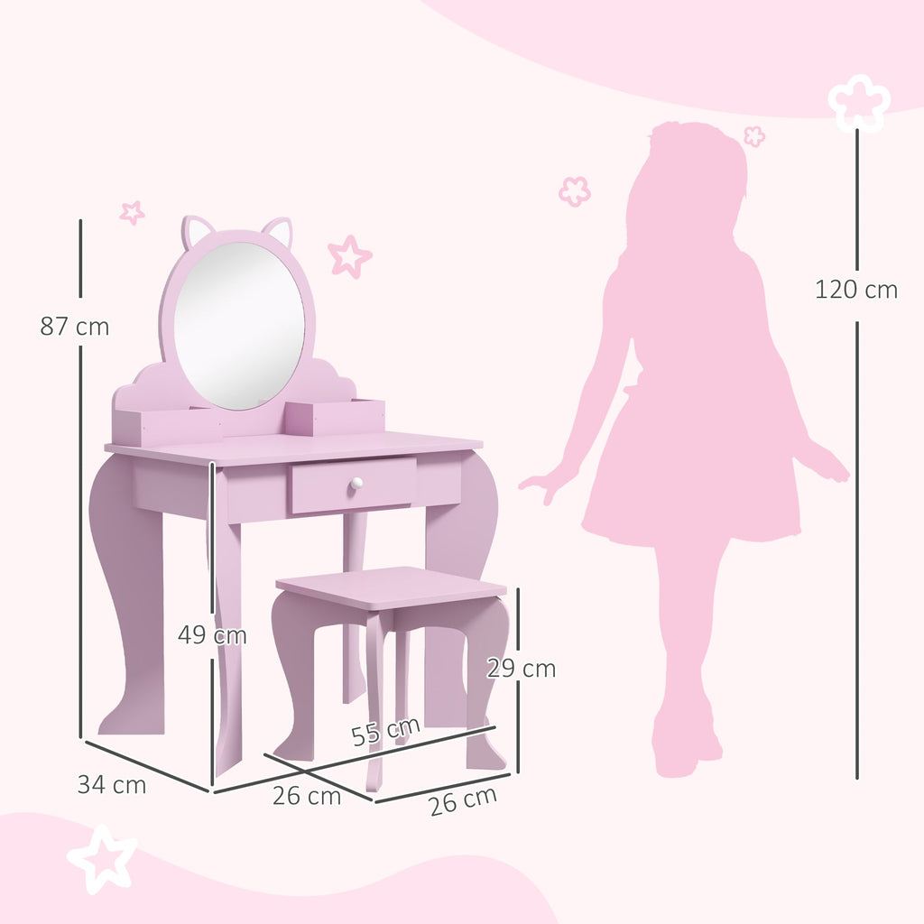 Kids Vanity Table With Mirror, Stool, Drawer, Storage Boxes, Cat Design- Pink - Tiny Explorers Club