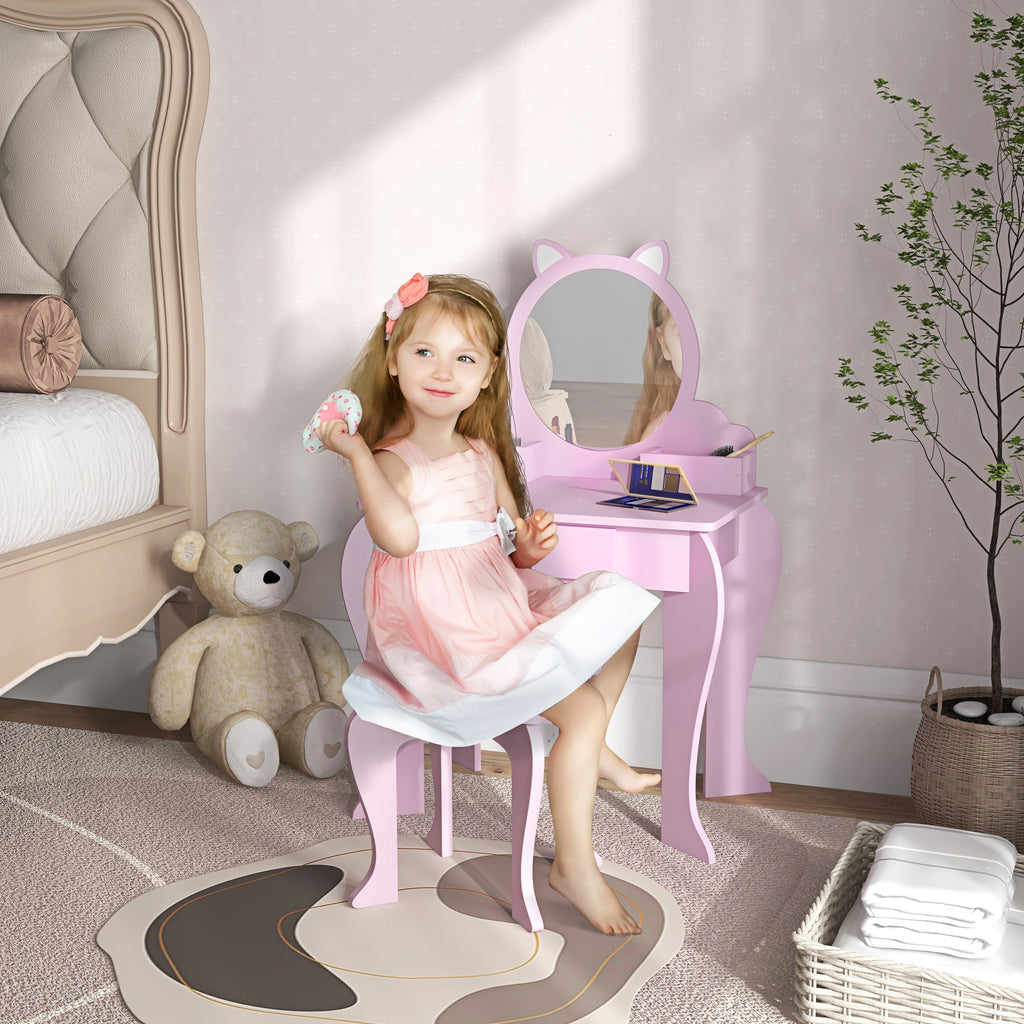 Kids Vanity Table With Mirror, Stool, Drawer, Storage Boxes, Cat Design- Pink - Tiny Explorers Club
