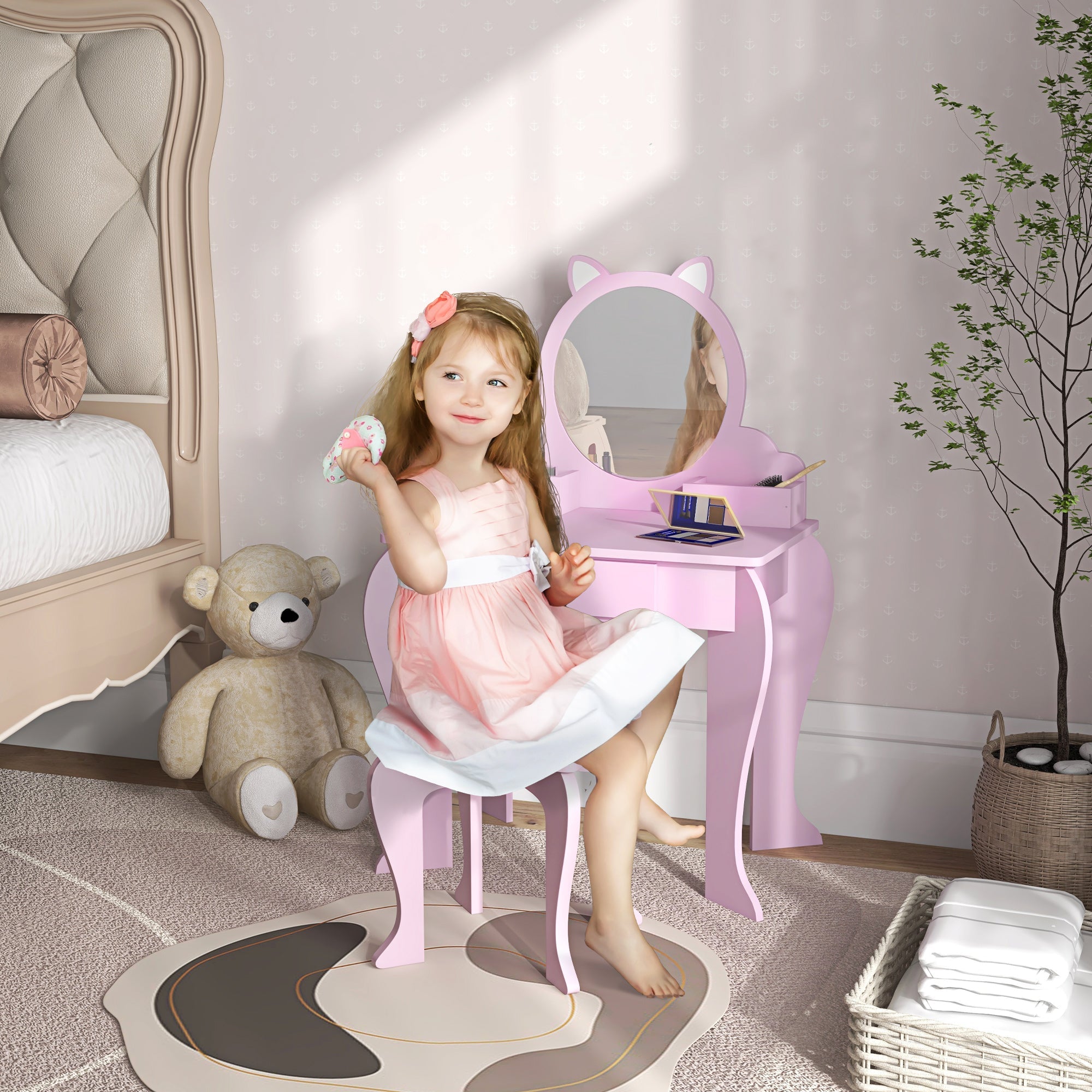 Kids Vanity Table With Mirror, Stool, Drawer, Storage Boxes, Cat Design- Pink - Tiny Explorers Club