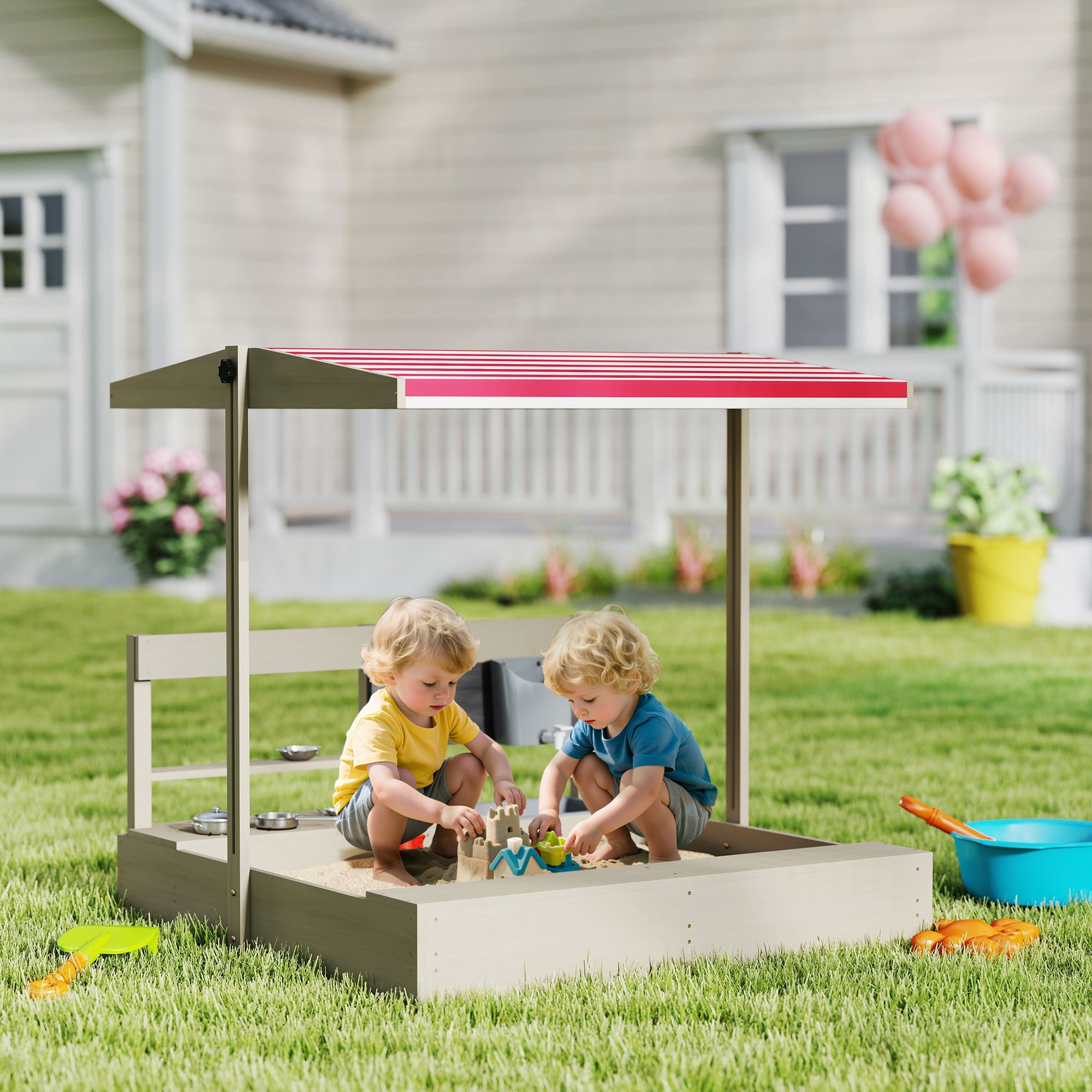 Kids Wooden Sandbox With Canopy and Seat - Tiny Explorers Club