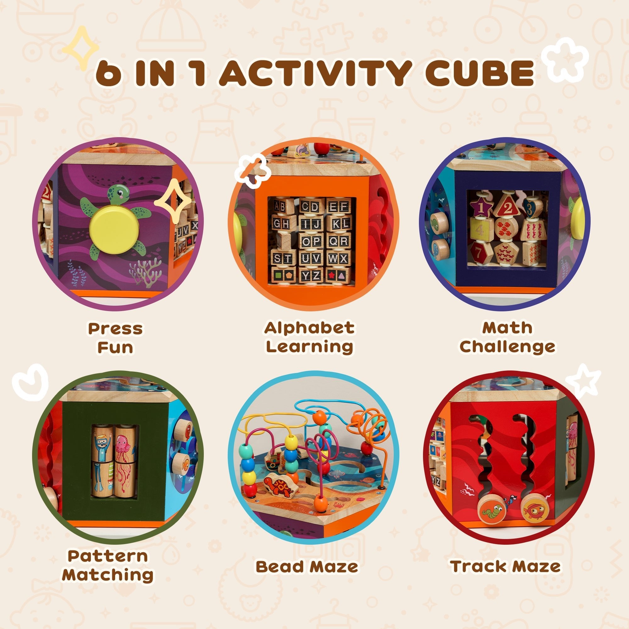 Wooden Activity Cube with Bead Maze, Pattern Sorter and more - Tiny Explorers Club