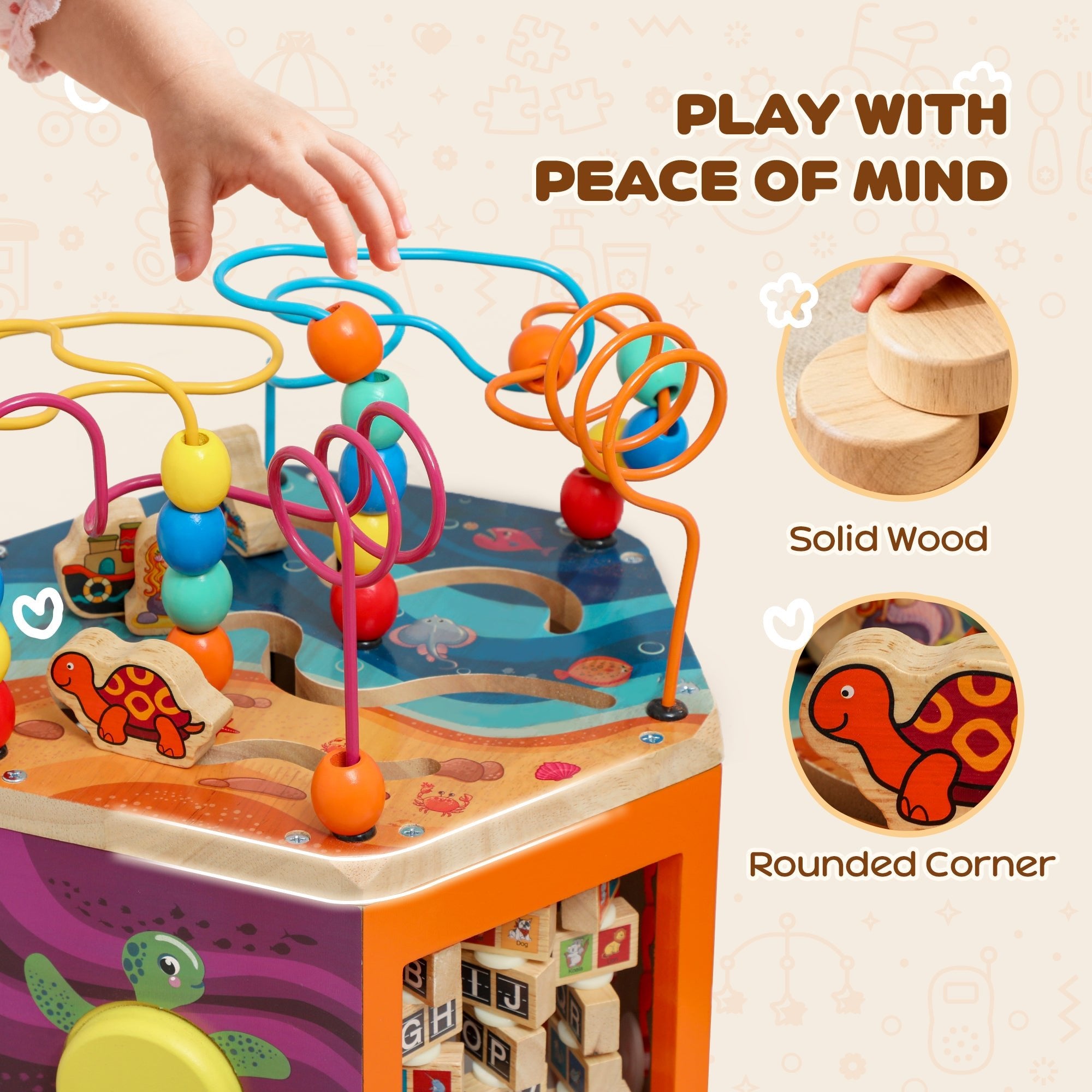 Wooden Activity Cube with Bead Maze, Pattern Sorter and more - Tiny Explorers Club