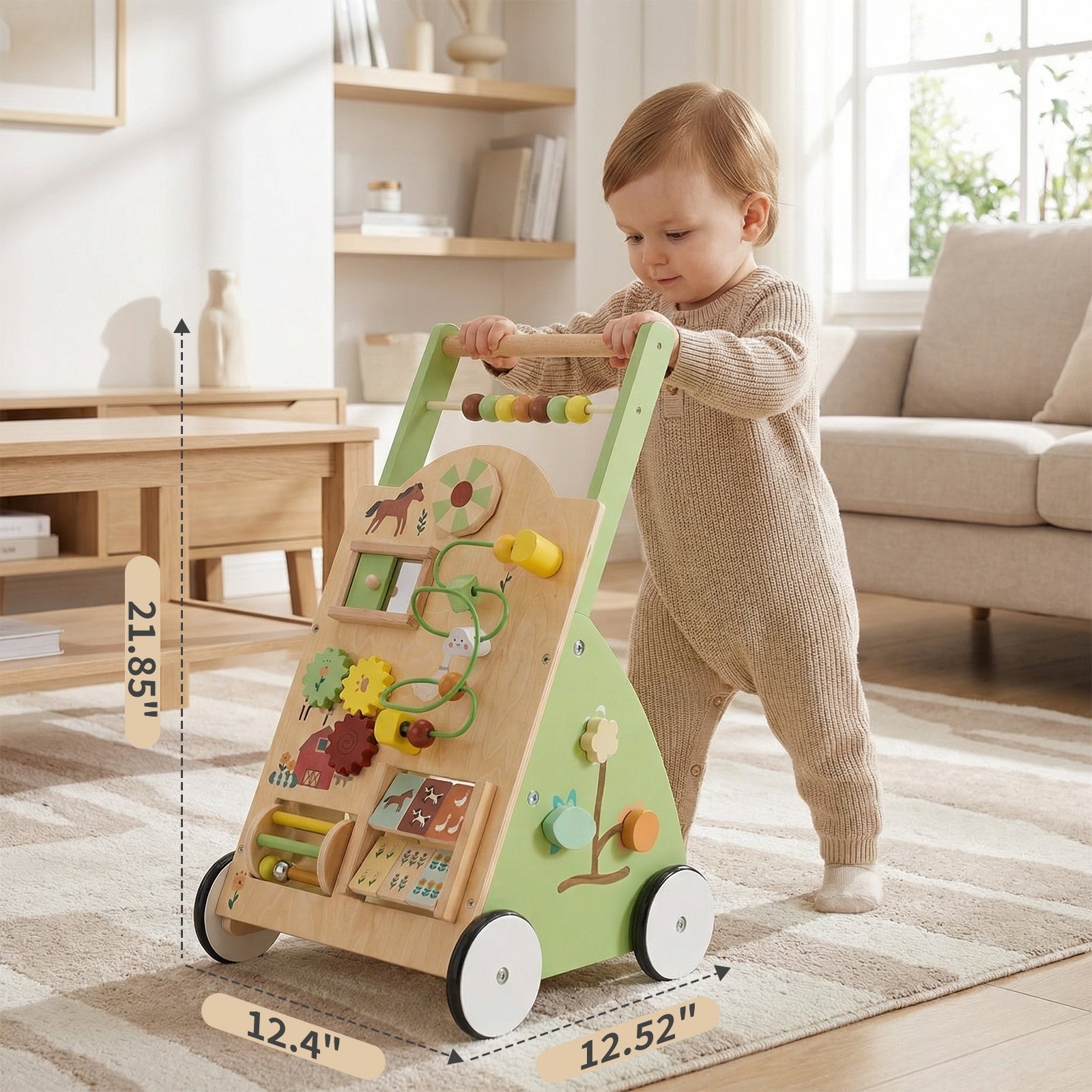Wooden Baby Walker - Equipped With Montessori Activity Centre - Tiny Explorers Club