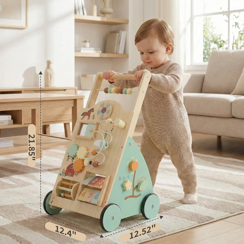 Wooden Baby Walker - Equipped With Montessori Activity Centre - Tiny Explorers Club