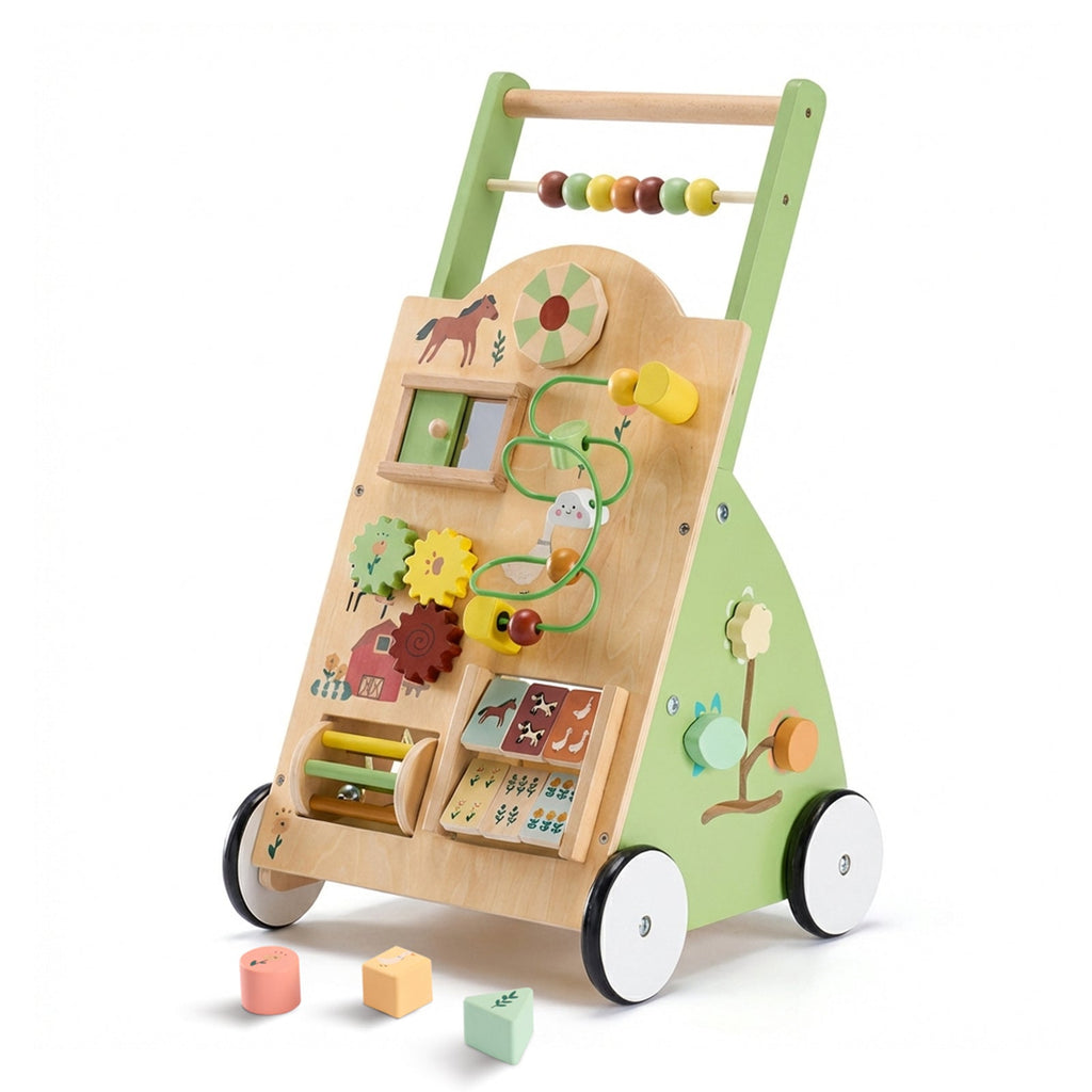Wooden Baby Walker - Equipped With Montessori Activity Centre - Tiny Explorers Club