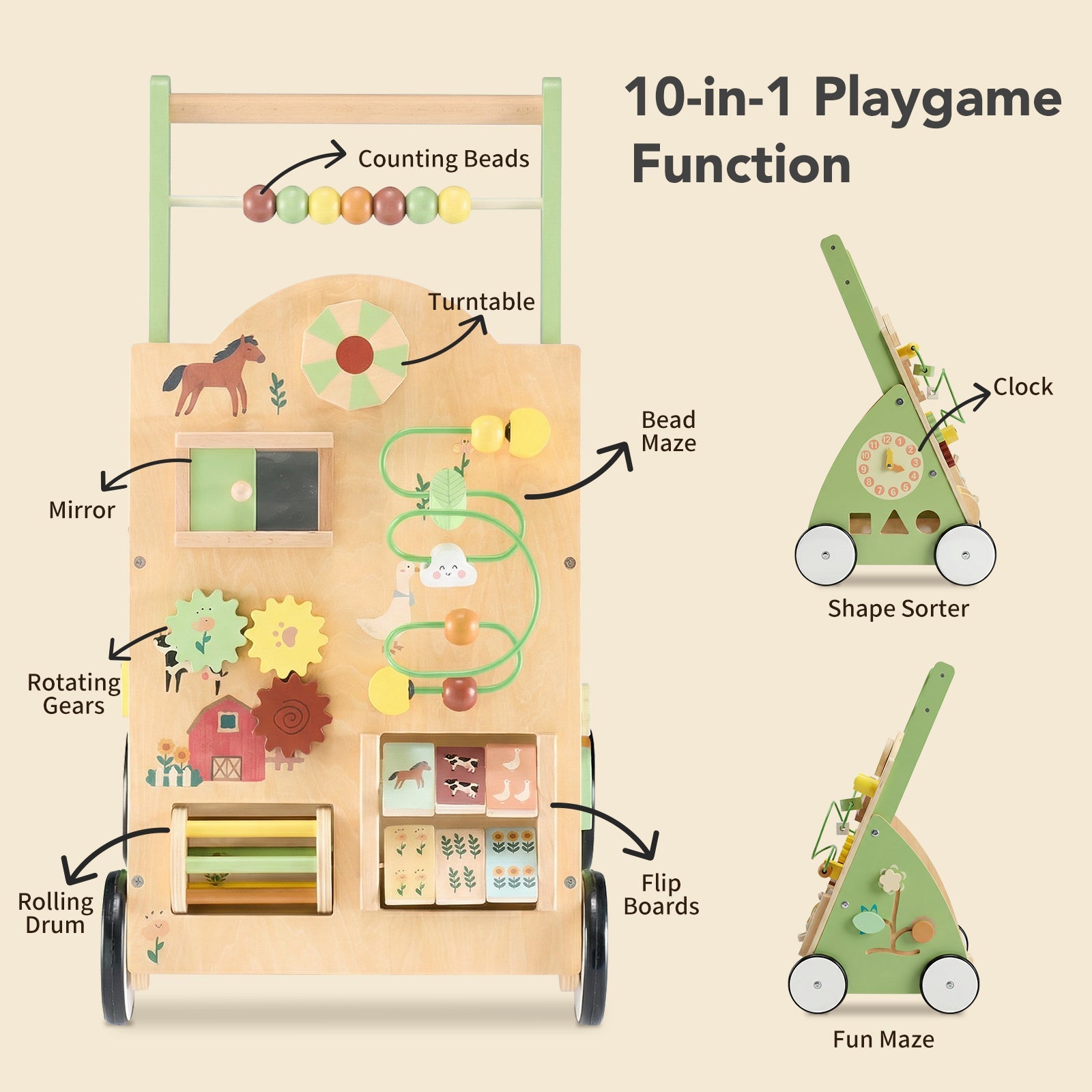 Wooden Baby Walker - Equipped With Montessori Activity Centre - Tiny Explorers Club