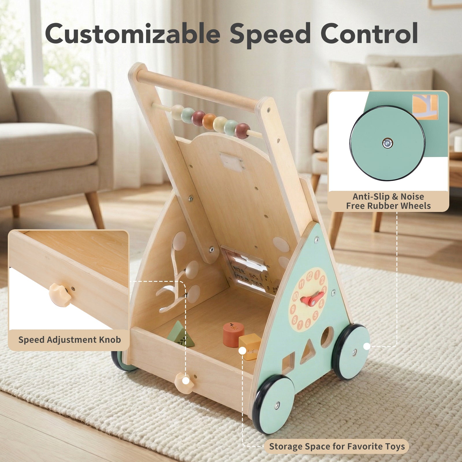 Wooden Baby Walker - Equipped With Montessori Activity Centre - Tiny Explorers Club