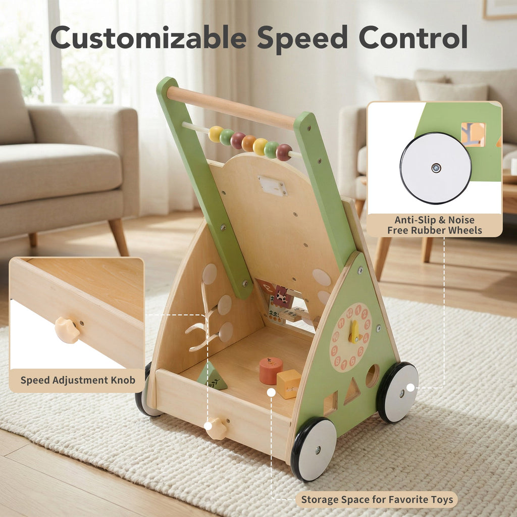 Wooden Baby Walker - Equipped With Montessori Activity Centre - Tiny Explorers Club