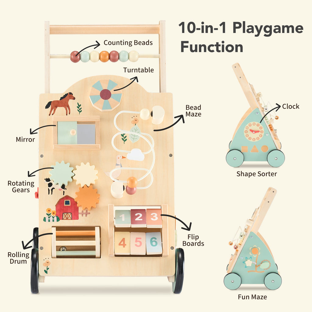 Wooden Baby Walker - Equipped With Montessori Activity Centre - Tiny Explorers Club