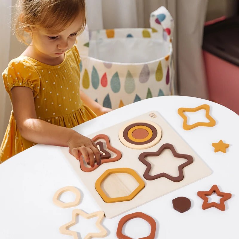 Wooden Geometric Shapes Game Montessori Jigsaw - Tiny Explorers Club